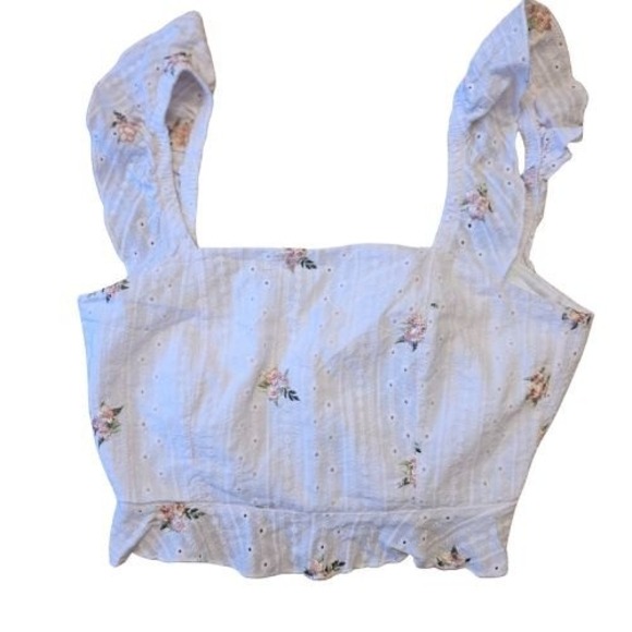 KIRIOUS LOS ANGELES Tops - Cottage Core S White Floral Embroidered Ruffle Crop Top Square Neck Tie Back